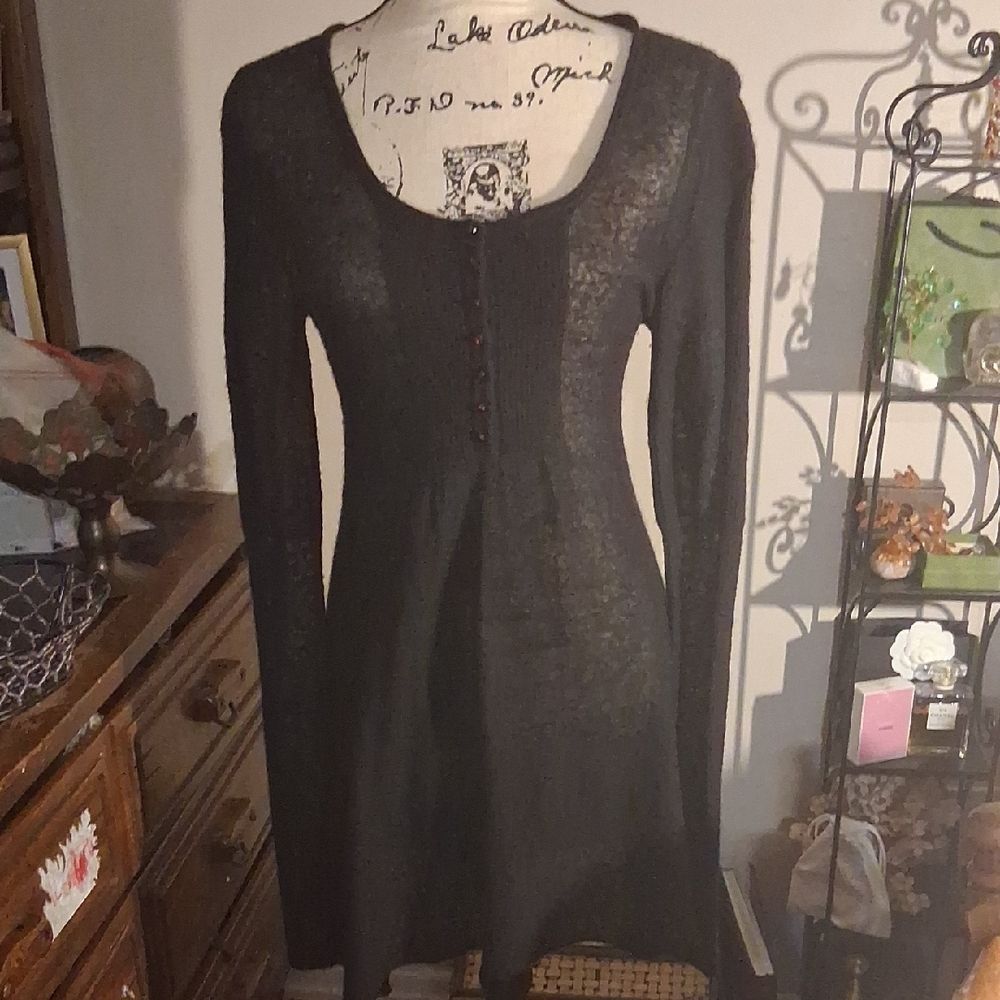 Free People Black Long Sleeve Sweater Dress Purple Bead Button Detail Size XS/S